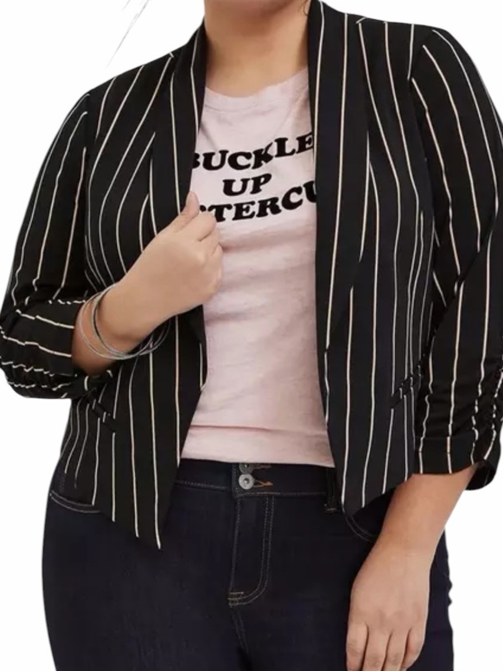 Torrid Striped Black with Cream/Tan Stripe Cropped Open-Front Blazer  5X